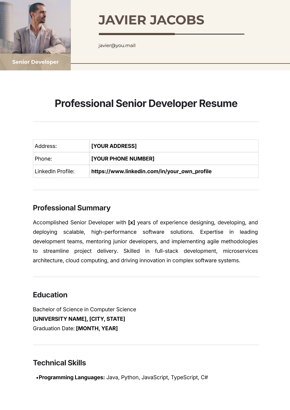 Professional Senior Developer Resume Template - Edit Online & Download