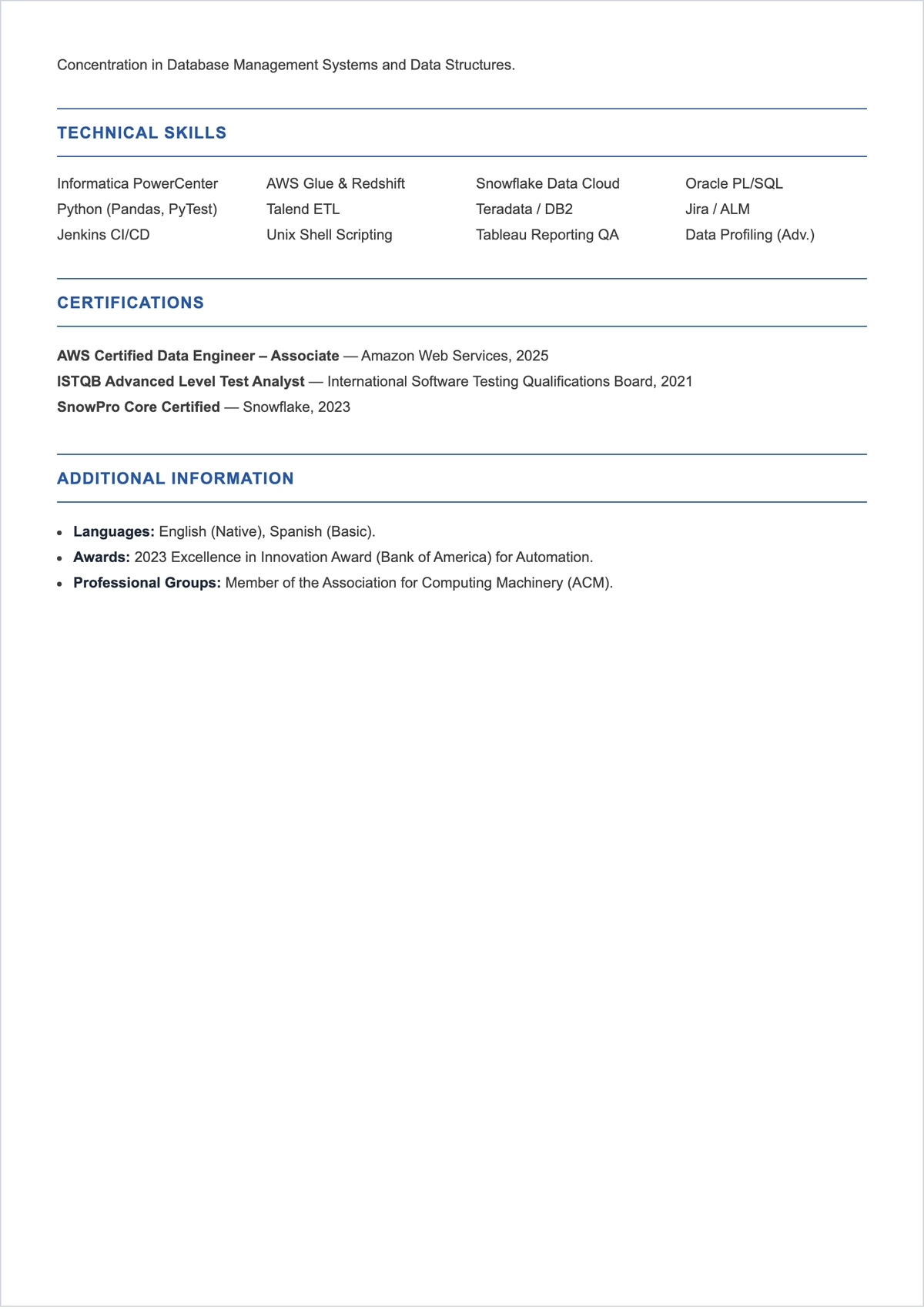 Free ETL Testing Engineer ATS Resume Template, AI Resume Builder