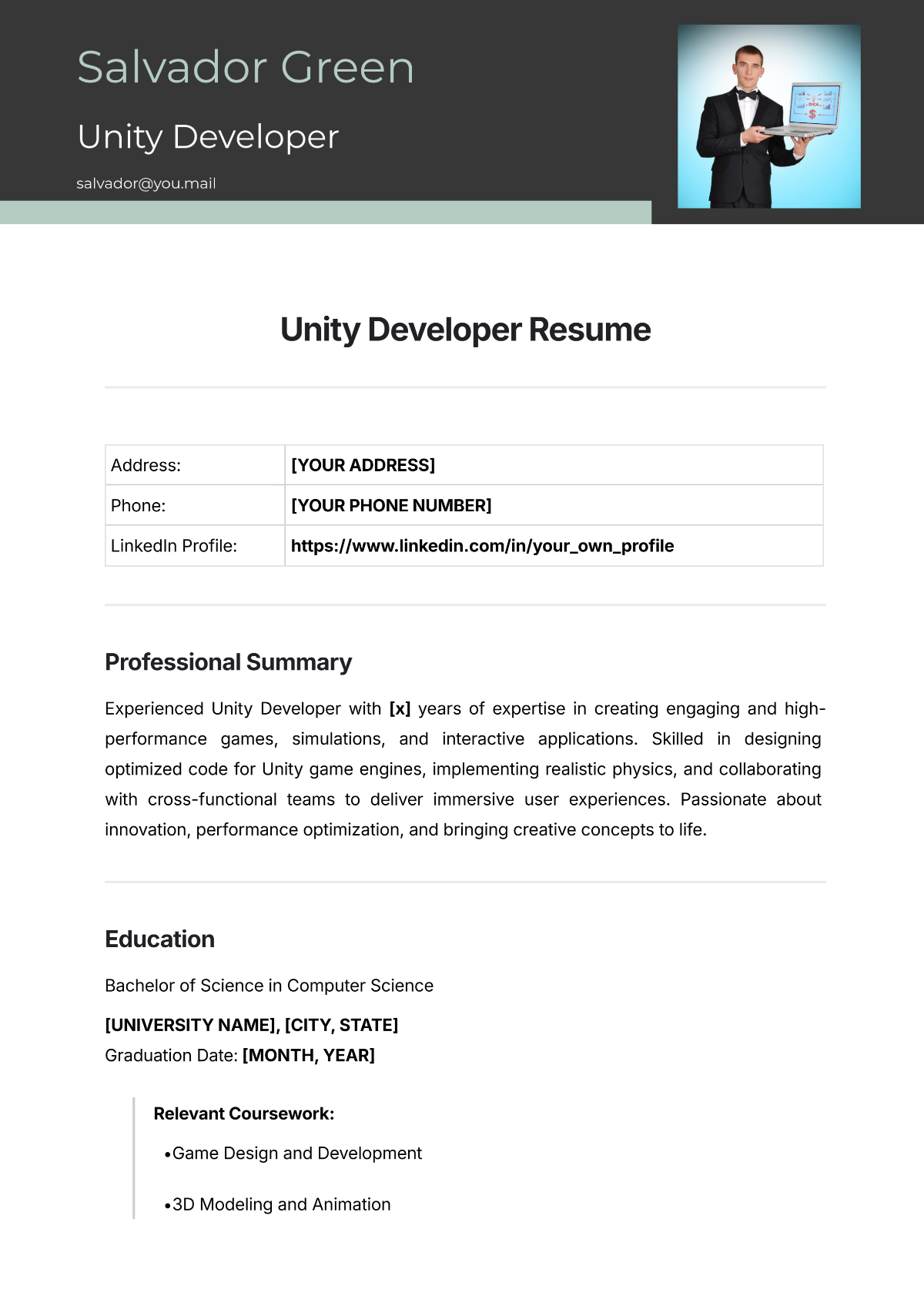 Unity Developer Resume Template - Edit Online & Download