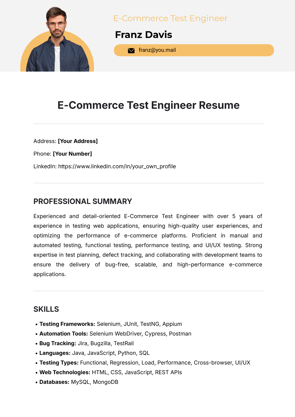 E-Commerce Test Engineer Resume Template - Edit Online & Download