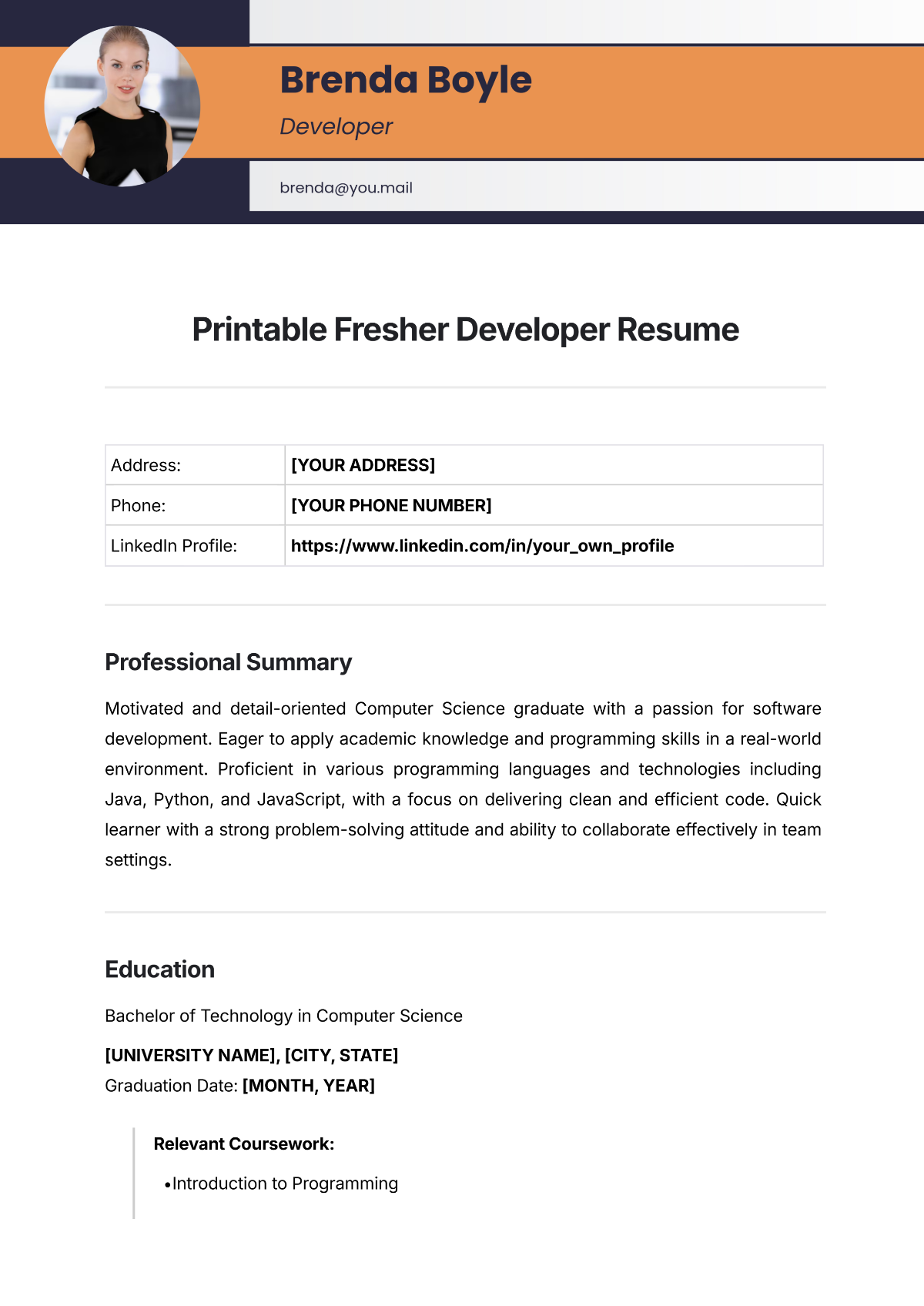 Printable Fresher Developer Resume Template - Edit Online & Download