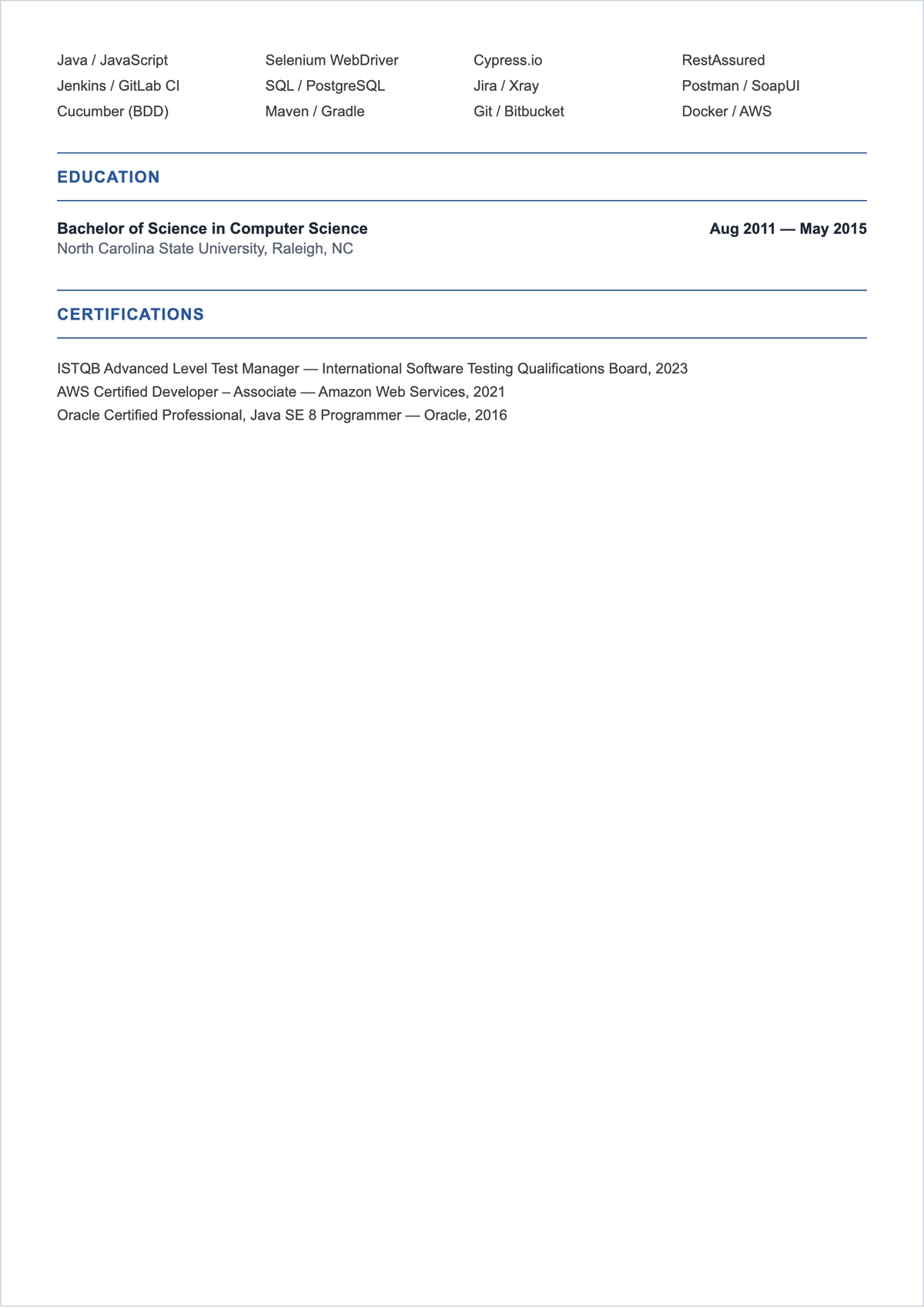 Free Hybrid Test Engineer ATS Resume Template, AI Resume Builder
