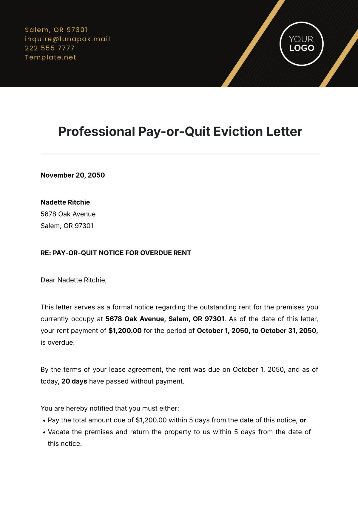 Professional Pay-or-Quit Eviction Letter Template - Edit Online & Download