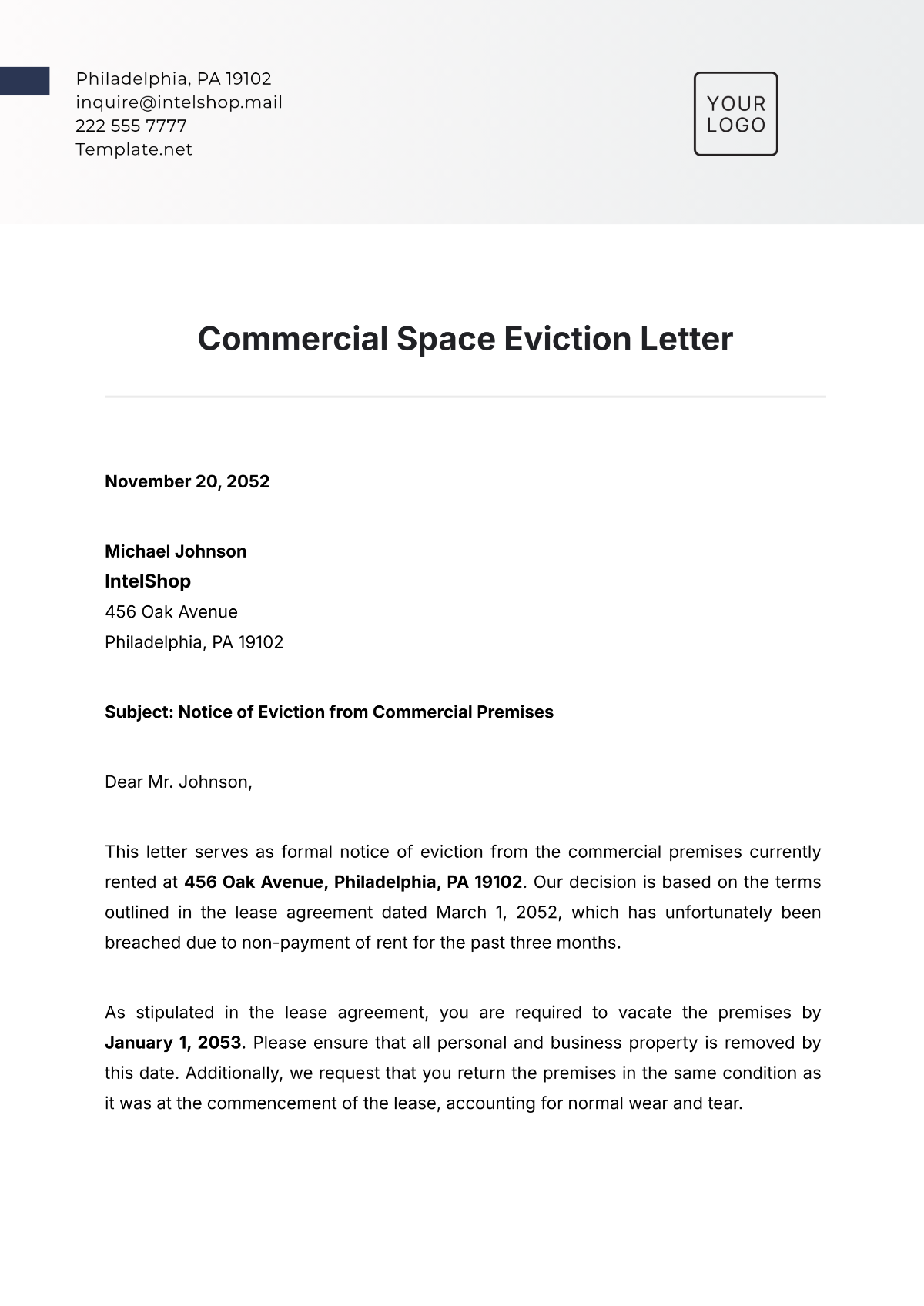 Commercial Space Eviction Letter Template - Edit Online & Download