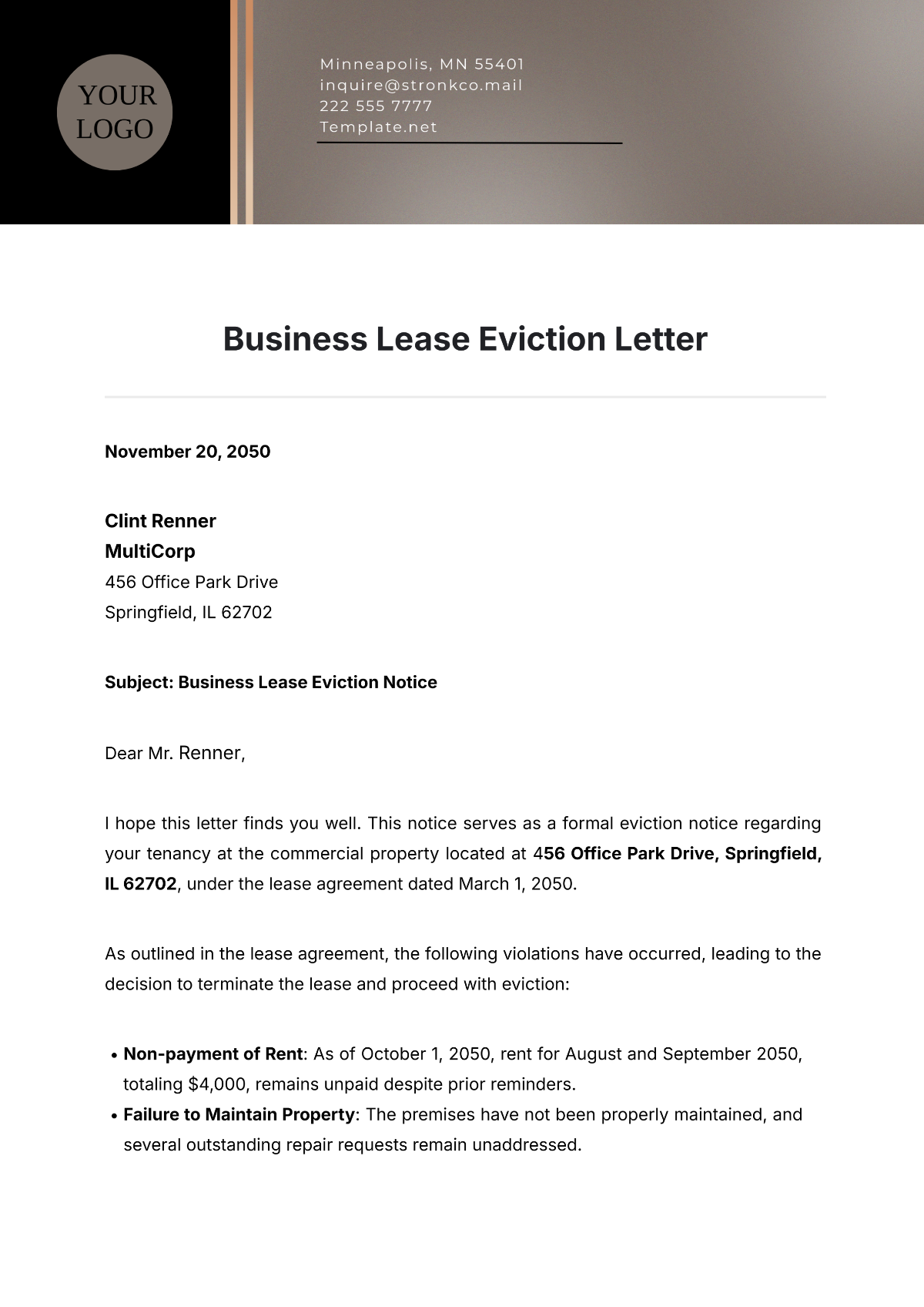 Business Lease Eviction Letter Template - Edit Online & Download