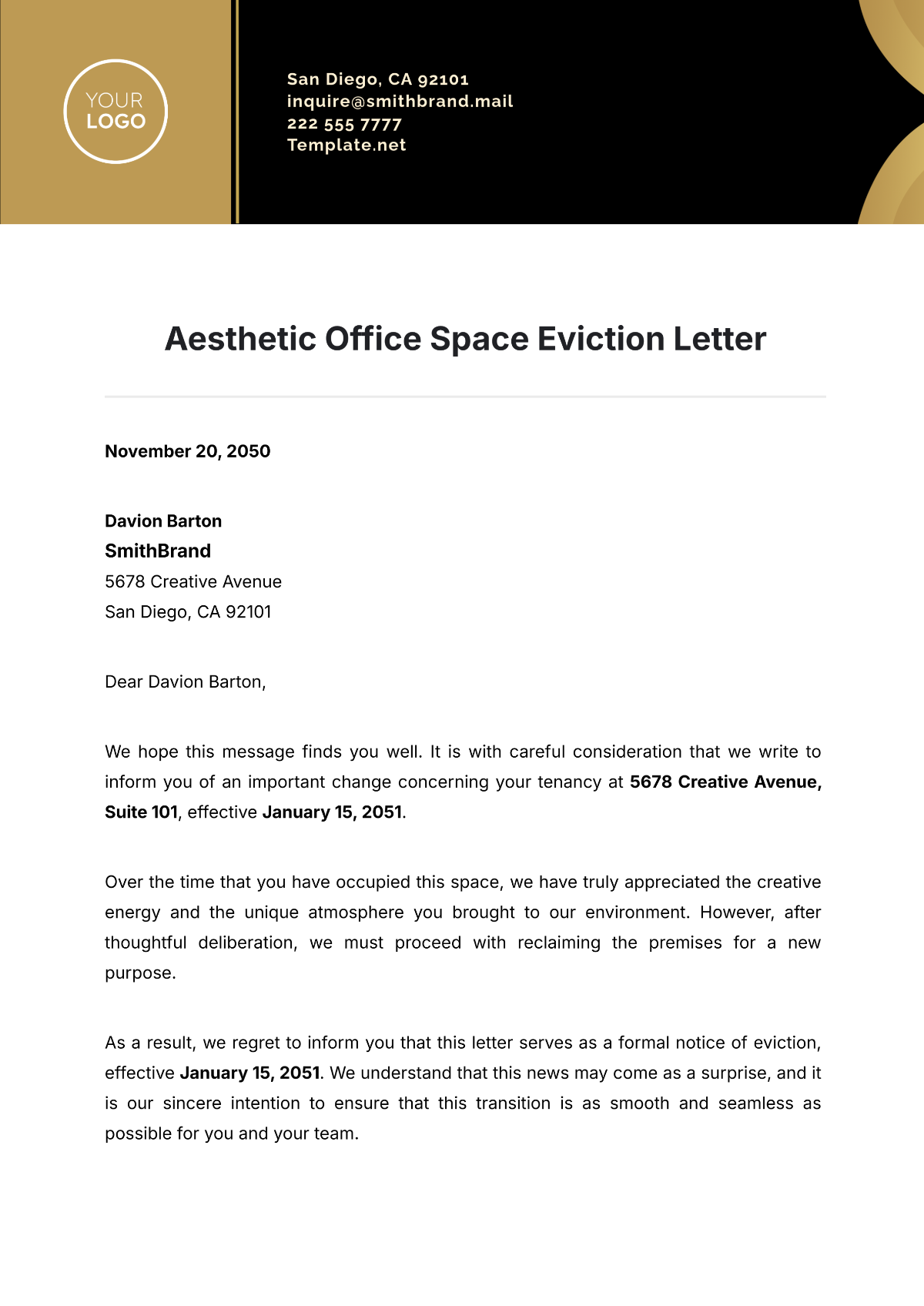 Aesthetic Office Space Eviction Letter Template - Edit Online & Download