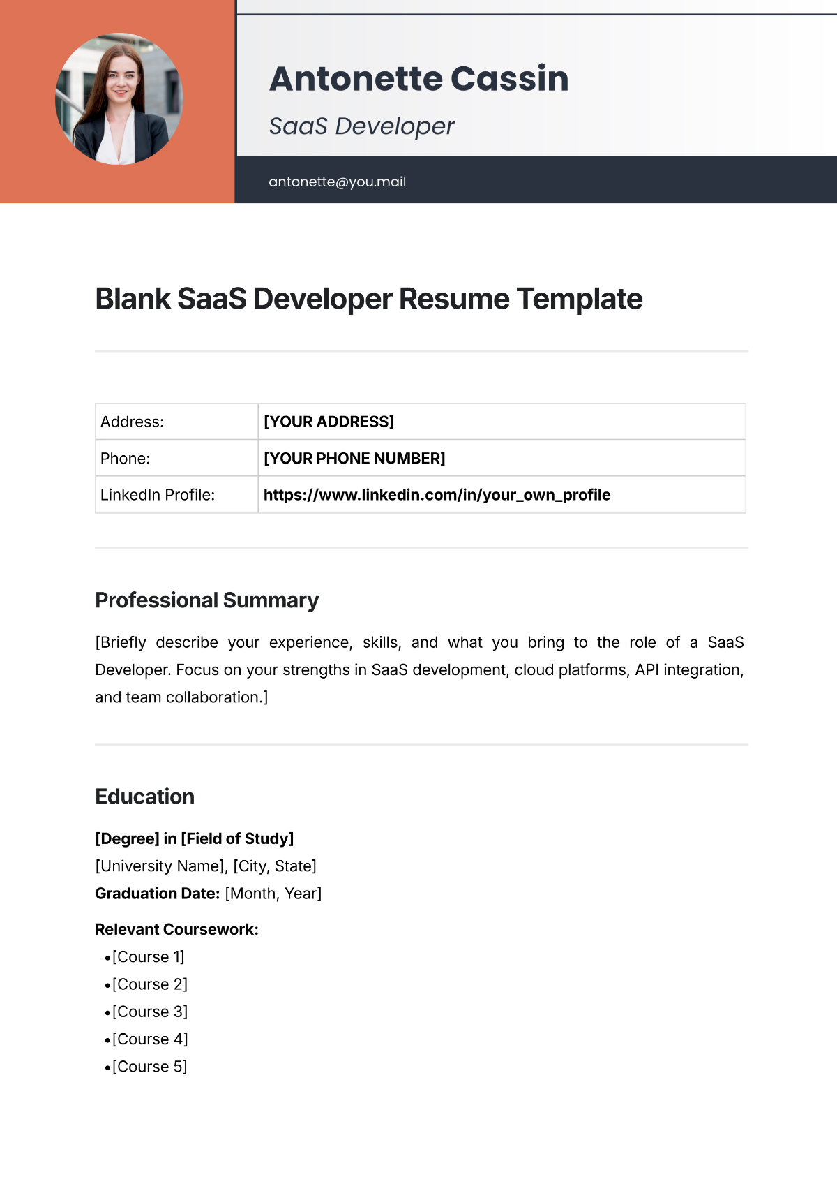 Blank SaaS Developer Resume Template - Edit Online & Download