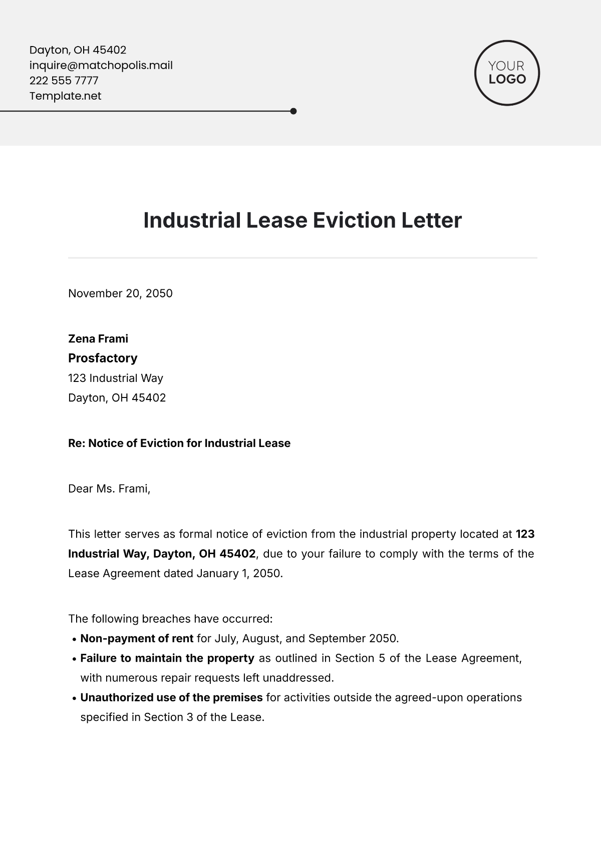 Industrial Lease Eviction Letter Template - Edit Online & Download