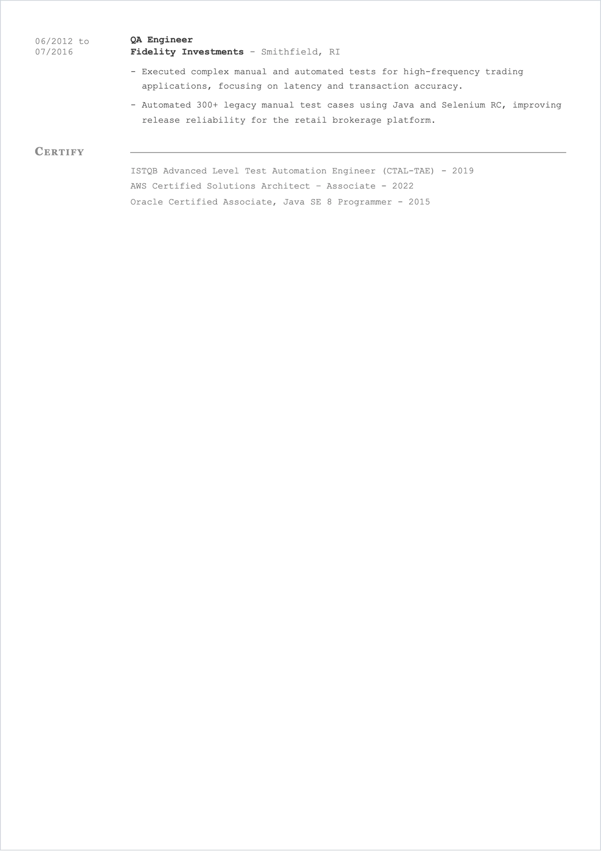 Free Professional Senior Test Engineer ATS Resume Template