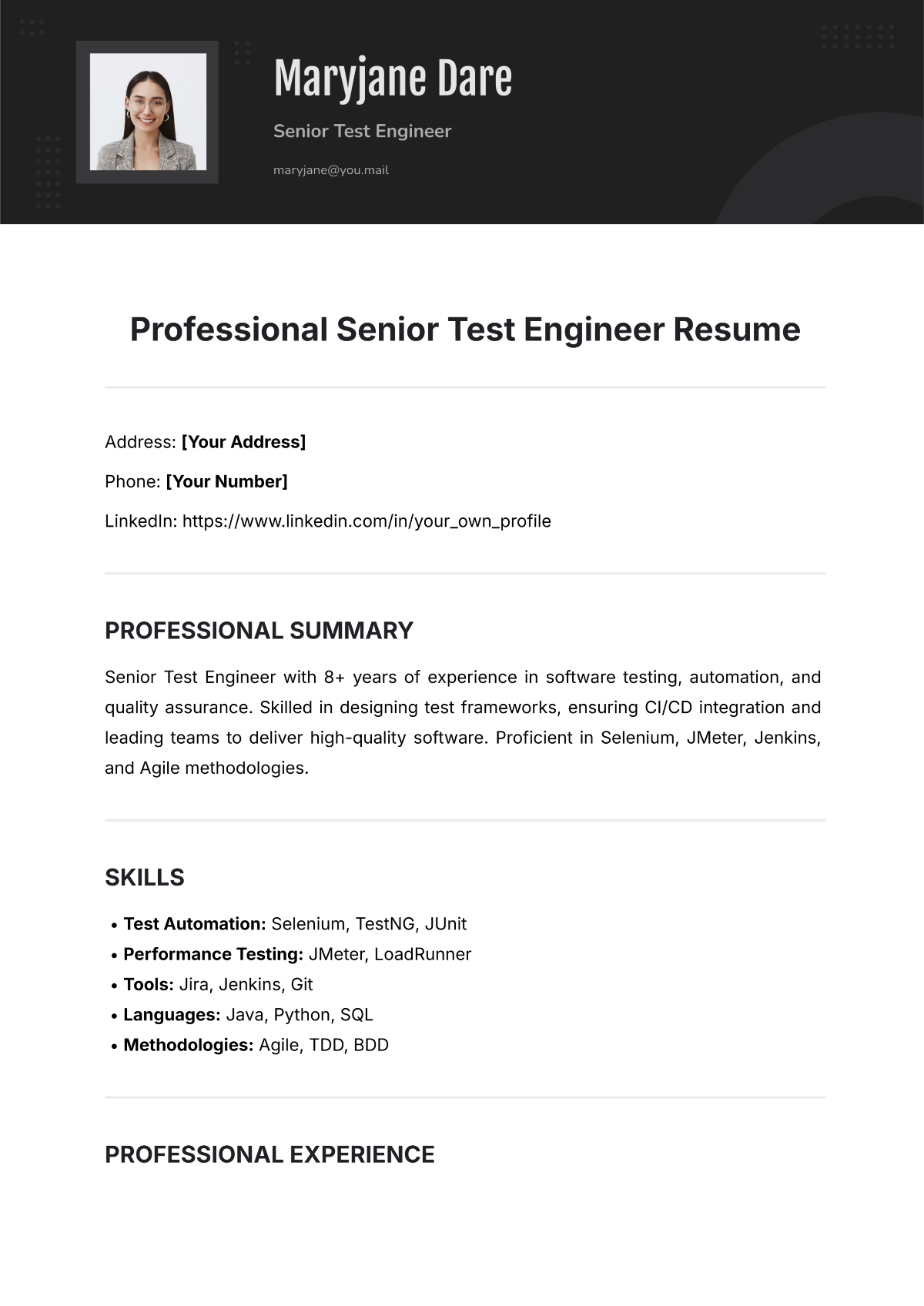 Professional Senior Test Engineer Resume Template - Edit Online & Download