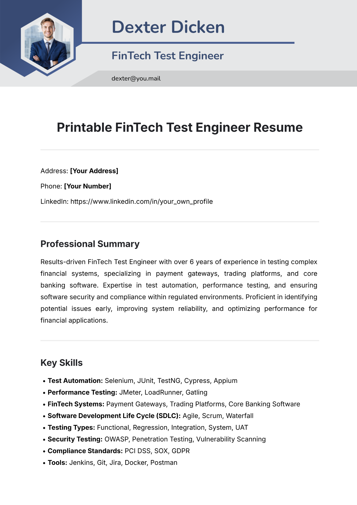 Printable FinTech Test Engineer Resume Template