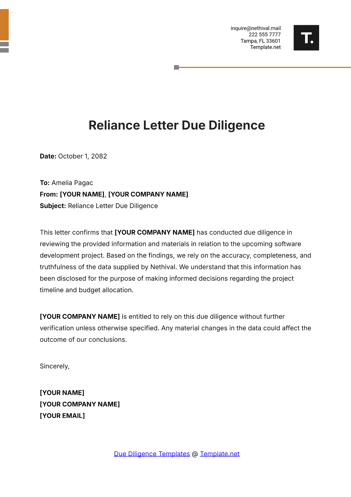 Reliance Letter Due Diligence Template - Edit Online & Download