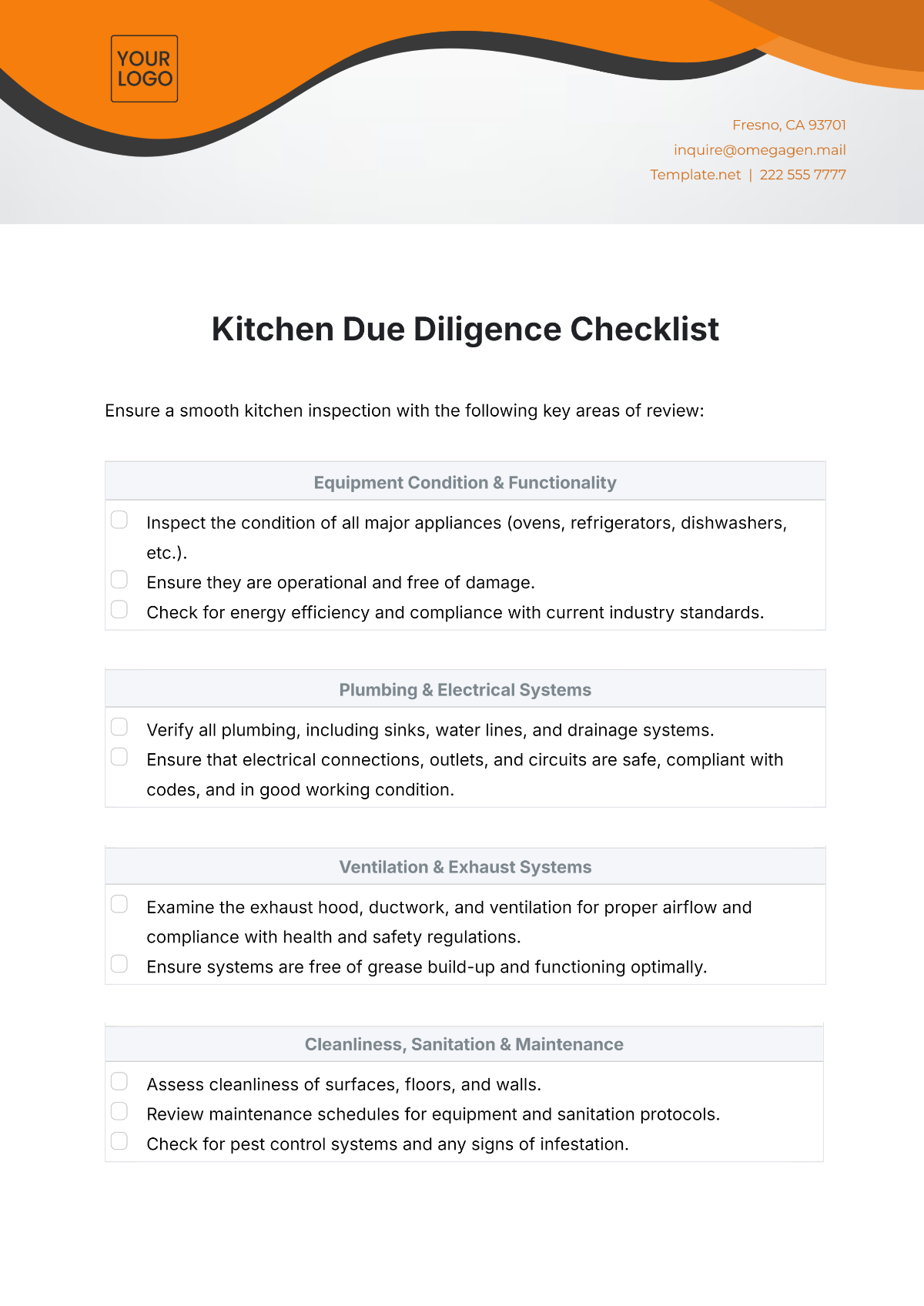 Kitchen Due Diligence Checklist Template - Edit Online & Download