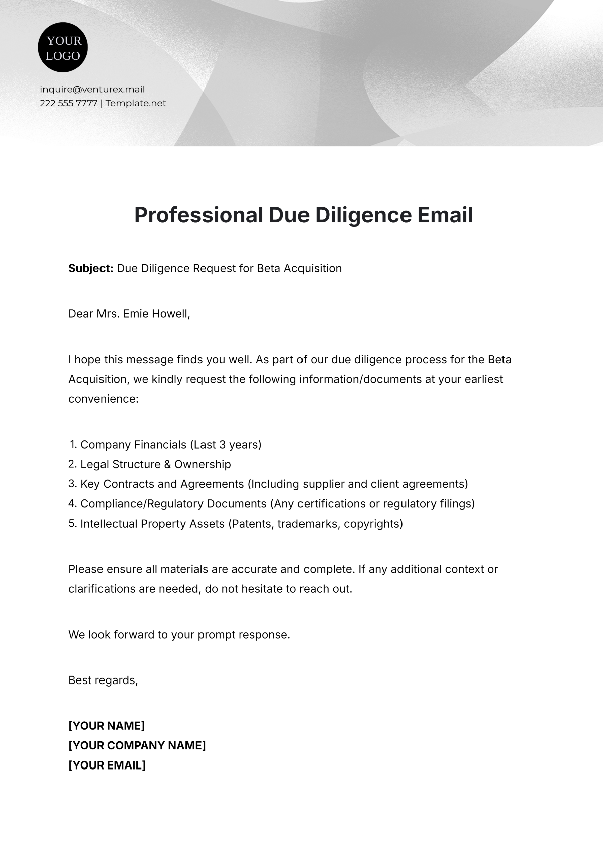 Professional Due Diligence Email Template - Edit Online & Download