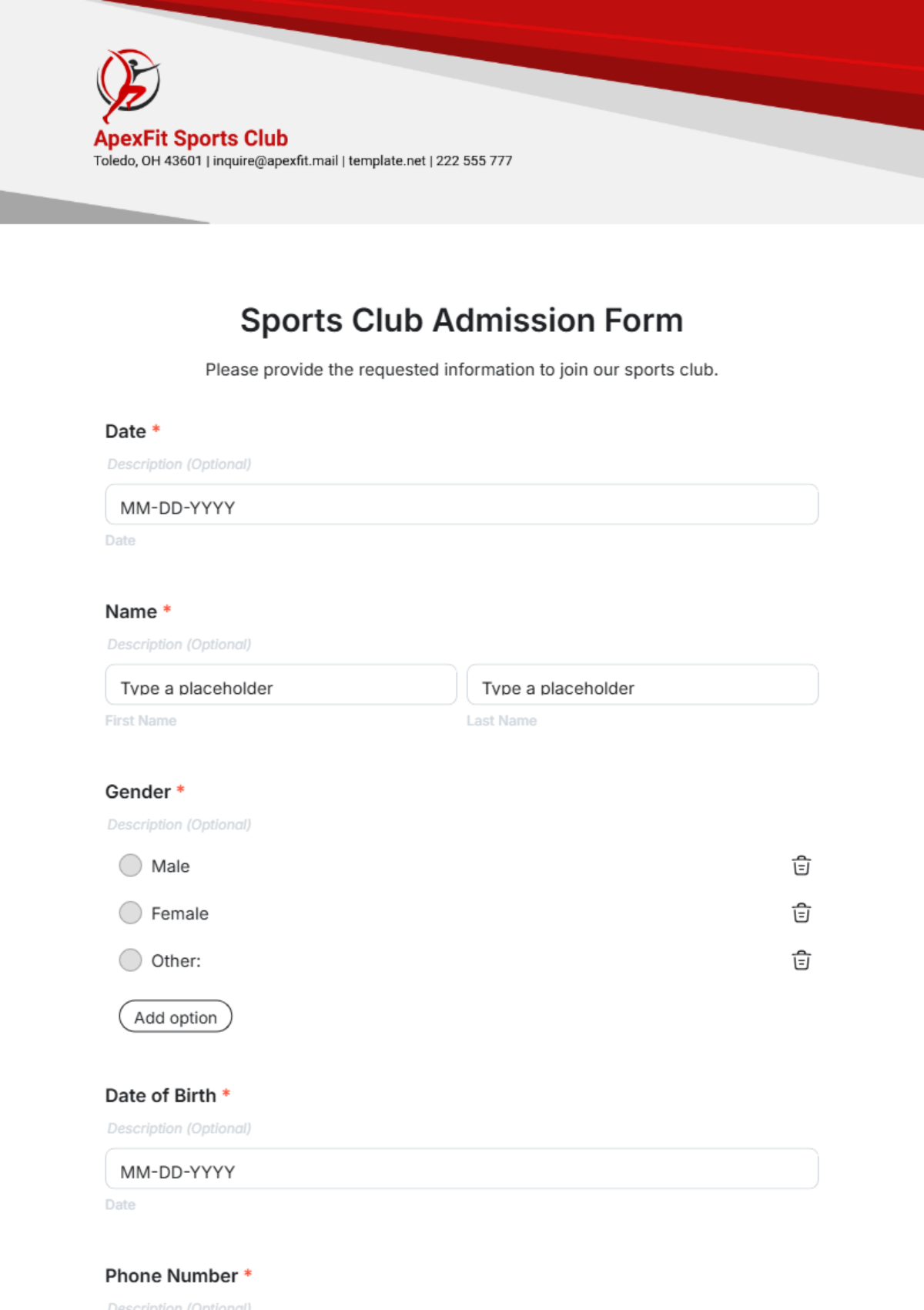 Sports Club Admission Form Template - Edit Online & Download