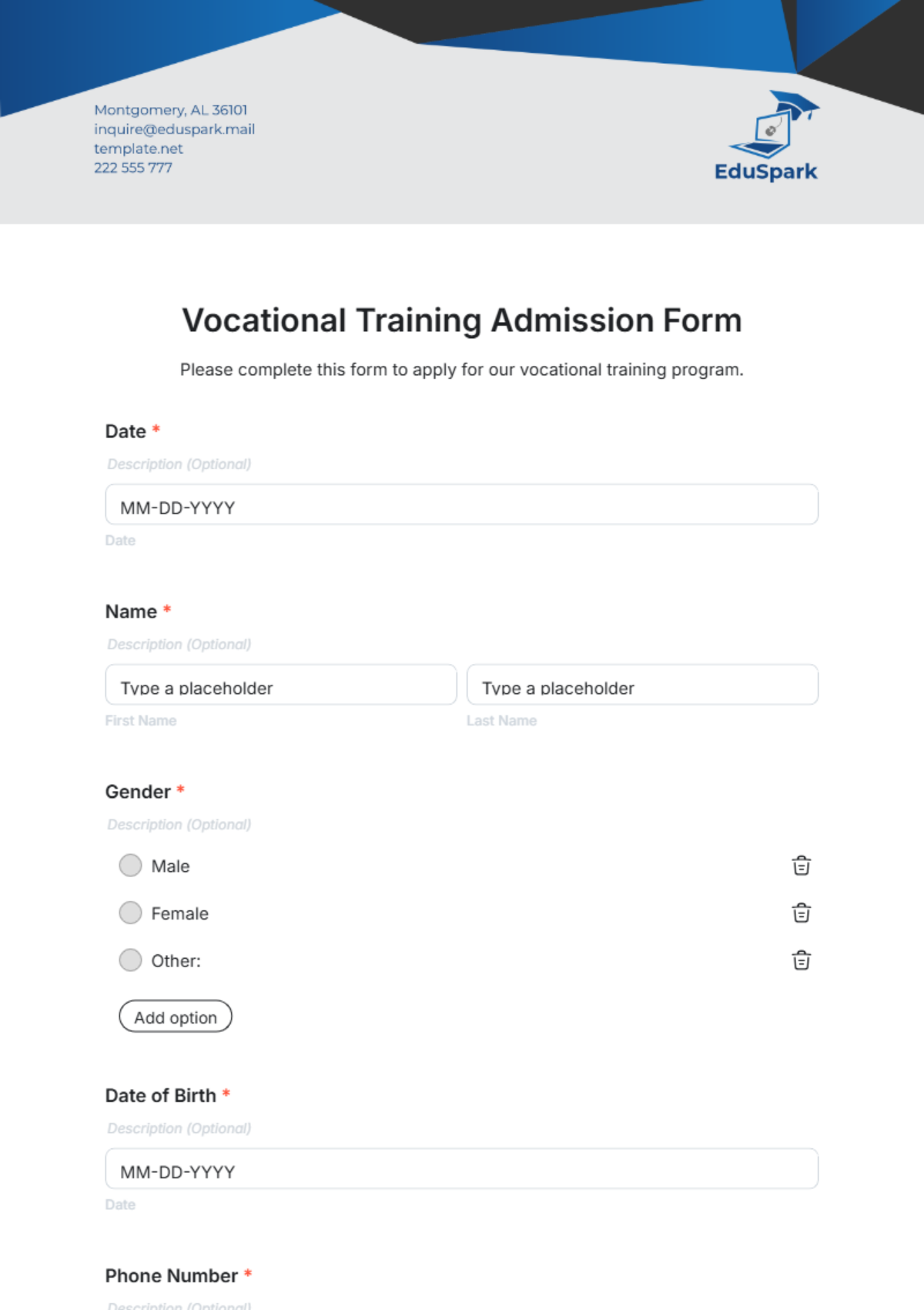 Vocational Training Admission Form Template - Edit Online & Download