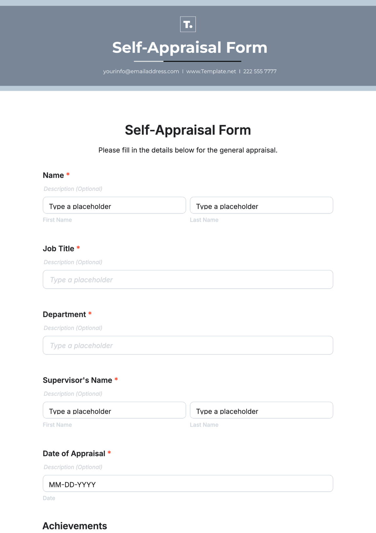 Self-Appraisal Form Template