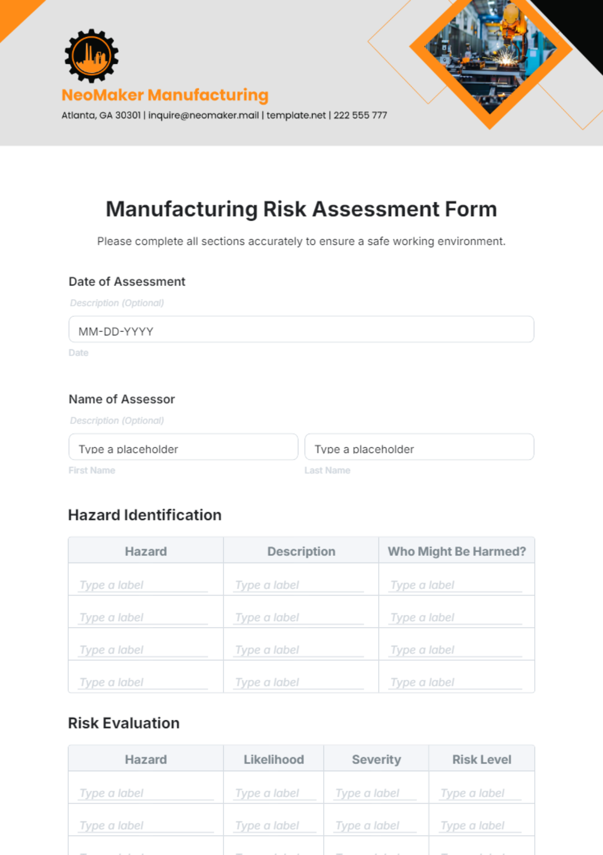 Manufacturing Risk Assessment Form Template