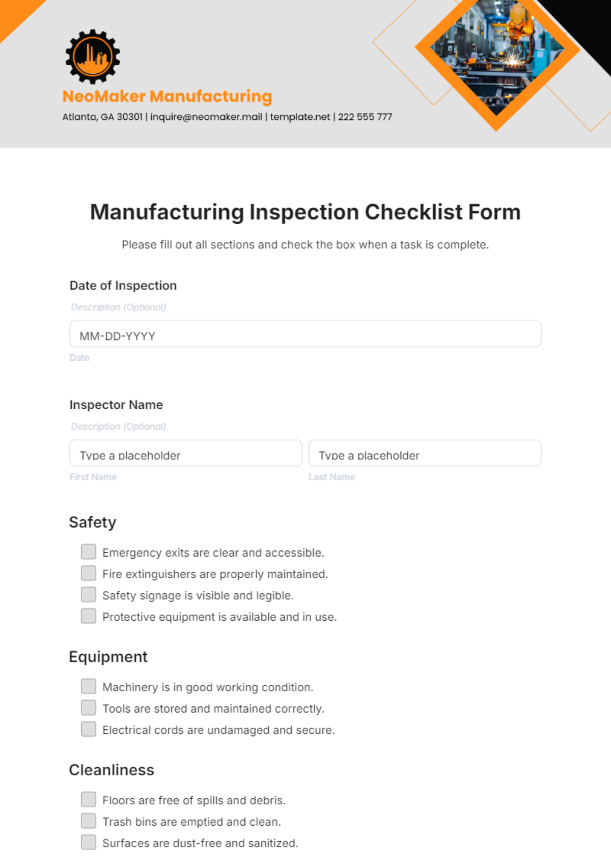 Manufacturing Inspection Checklist Form Template