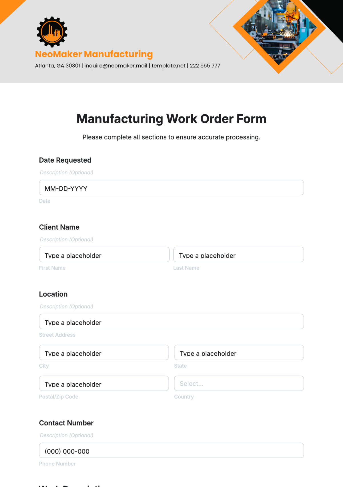 Manufacturing Work Order Form Template - Edit Online & Download