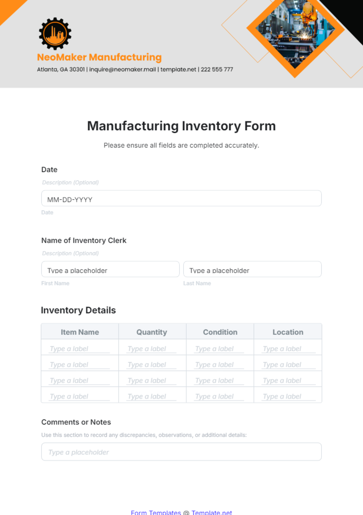 Manufacturing Inventory Form Template - Edit Online & Download