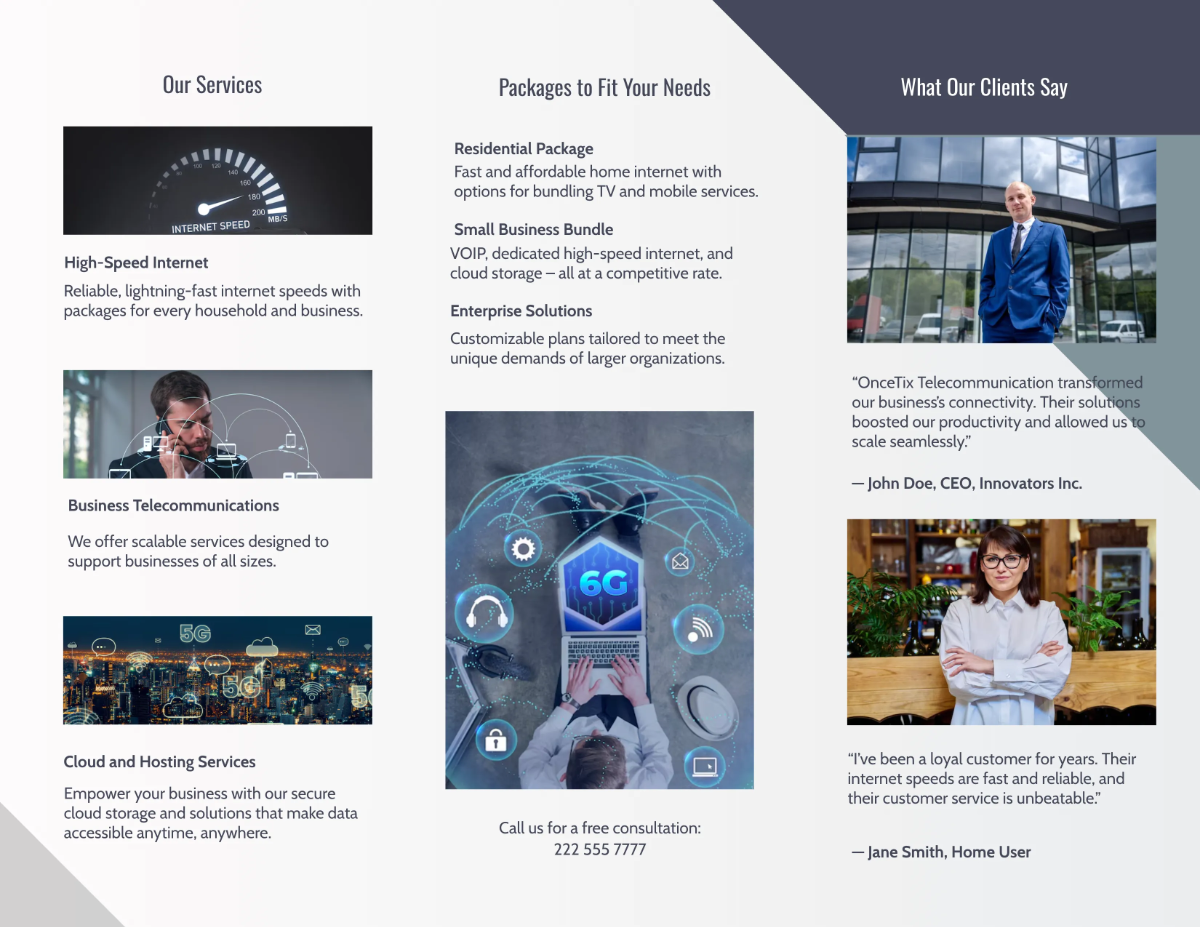 Free Telecommunication Marketing Brochure Template to Edit Online