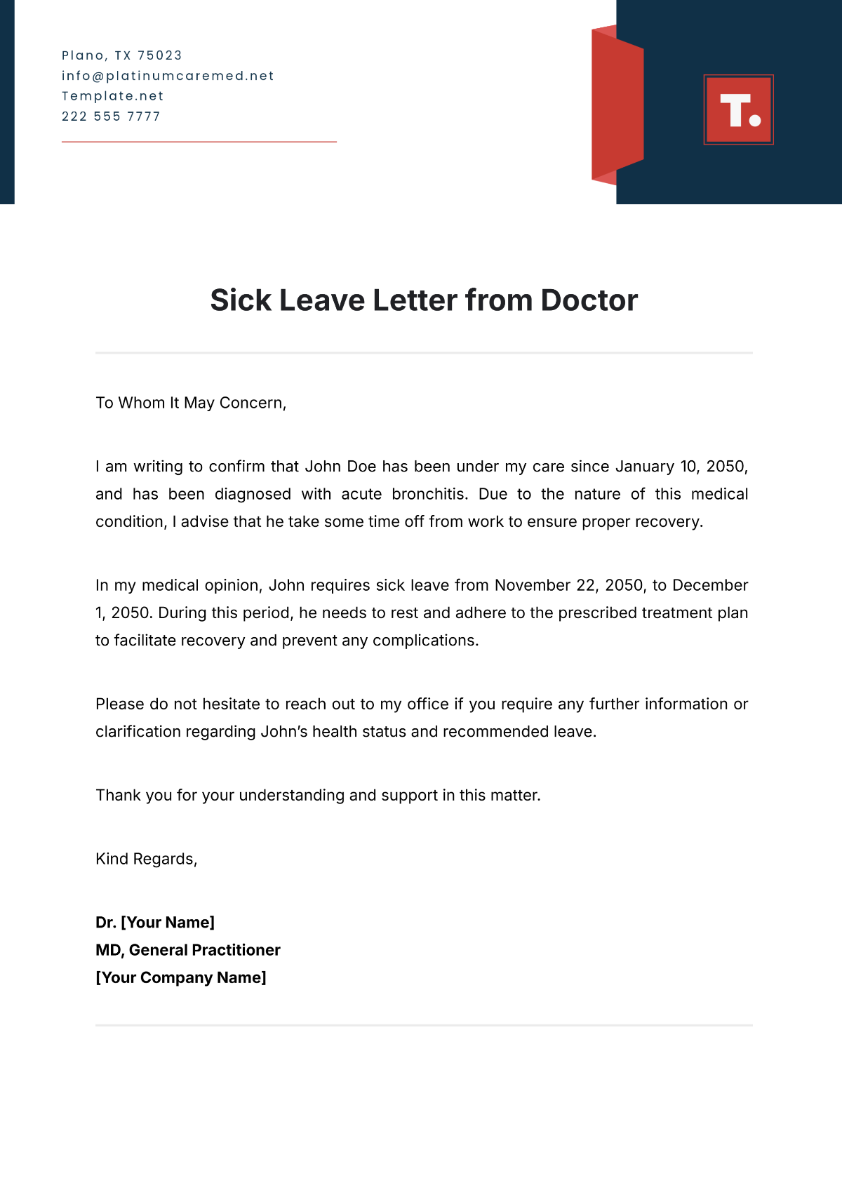 Sick Leave Letter from Doctor Template - Edit Online & Download