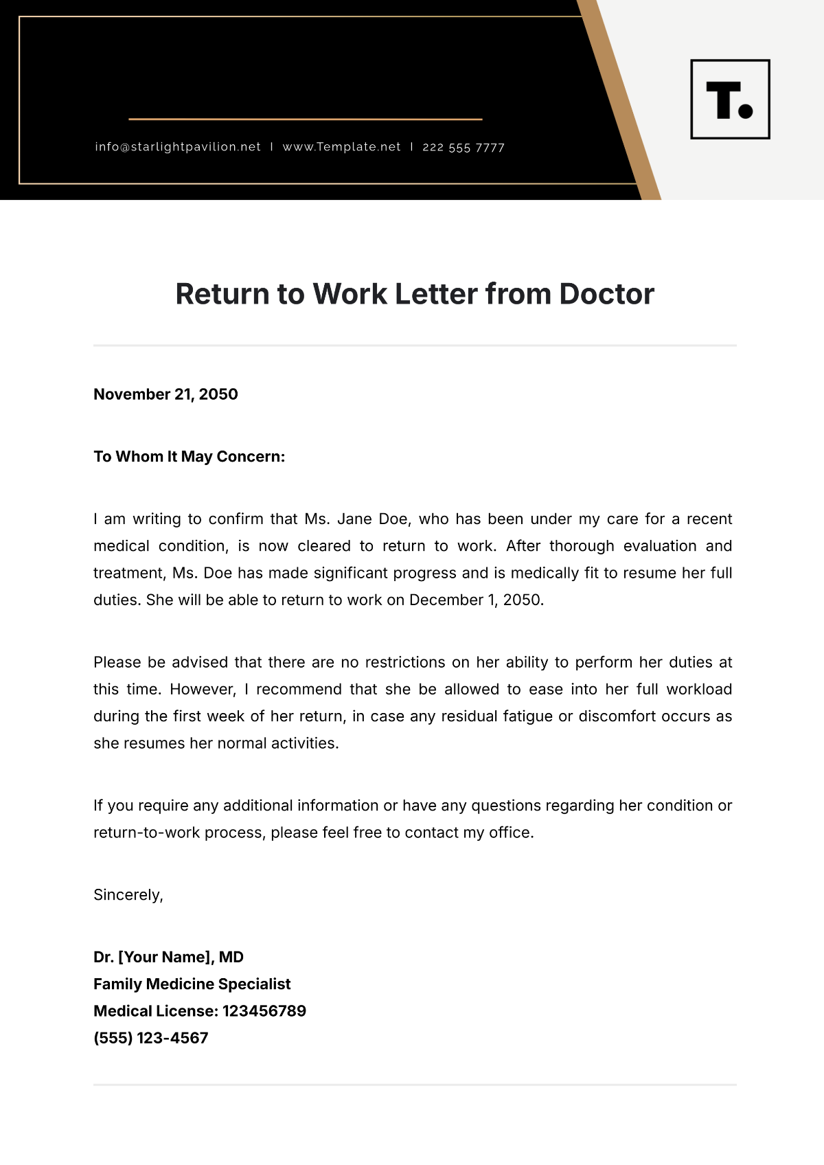 Return to Work Letter from Doctor Template - Edit Online & Download