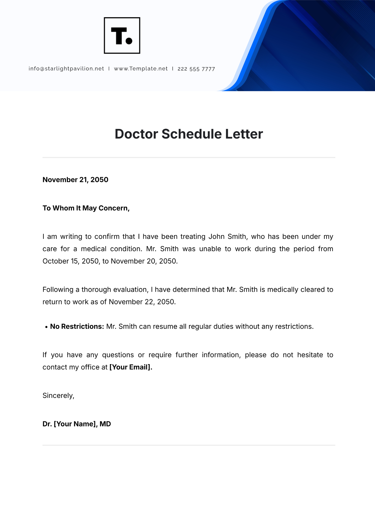 Doctor Schedule Letter Template