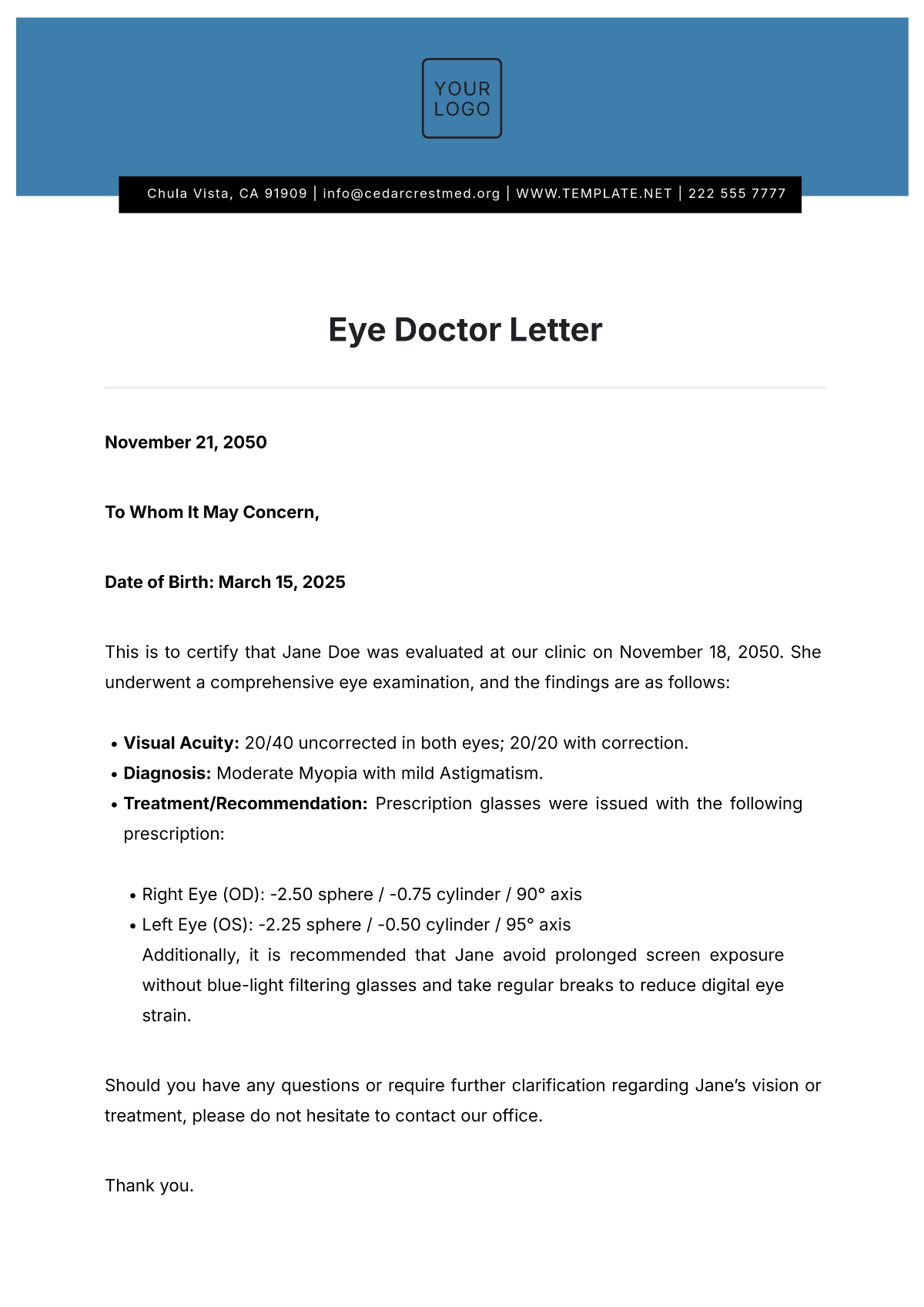 Eye Doctor Letter Template - Edit Online & Download