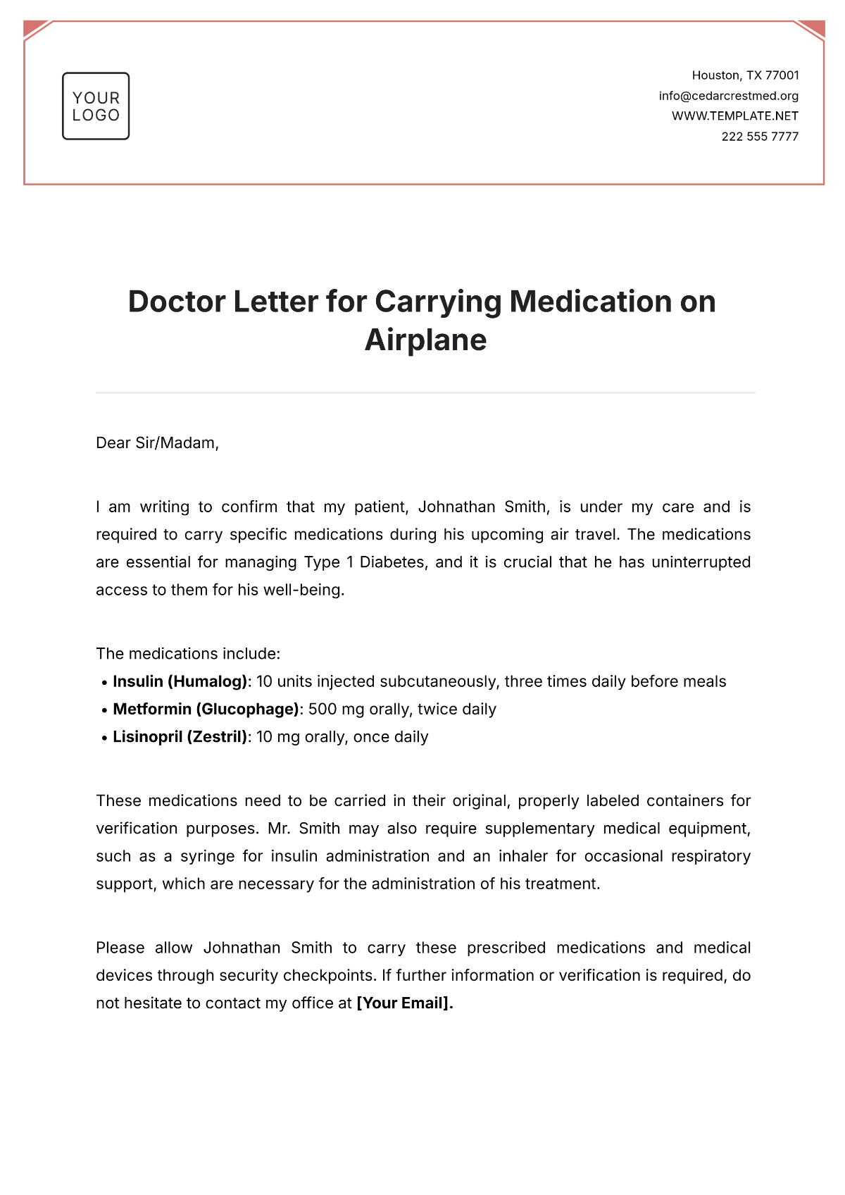 Doctor Letter for Carrying Medication on Airplane Template