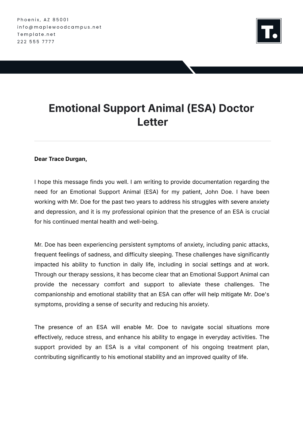 Emotional Support Animal (ESA) Doctor Letter Template