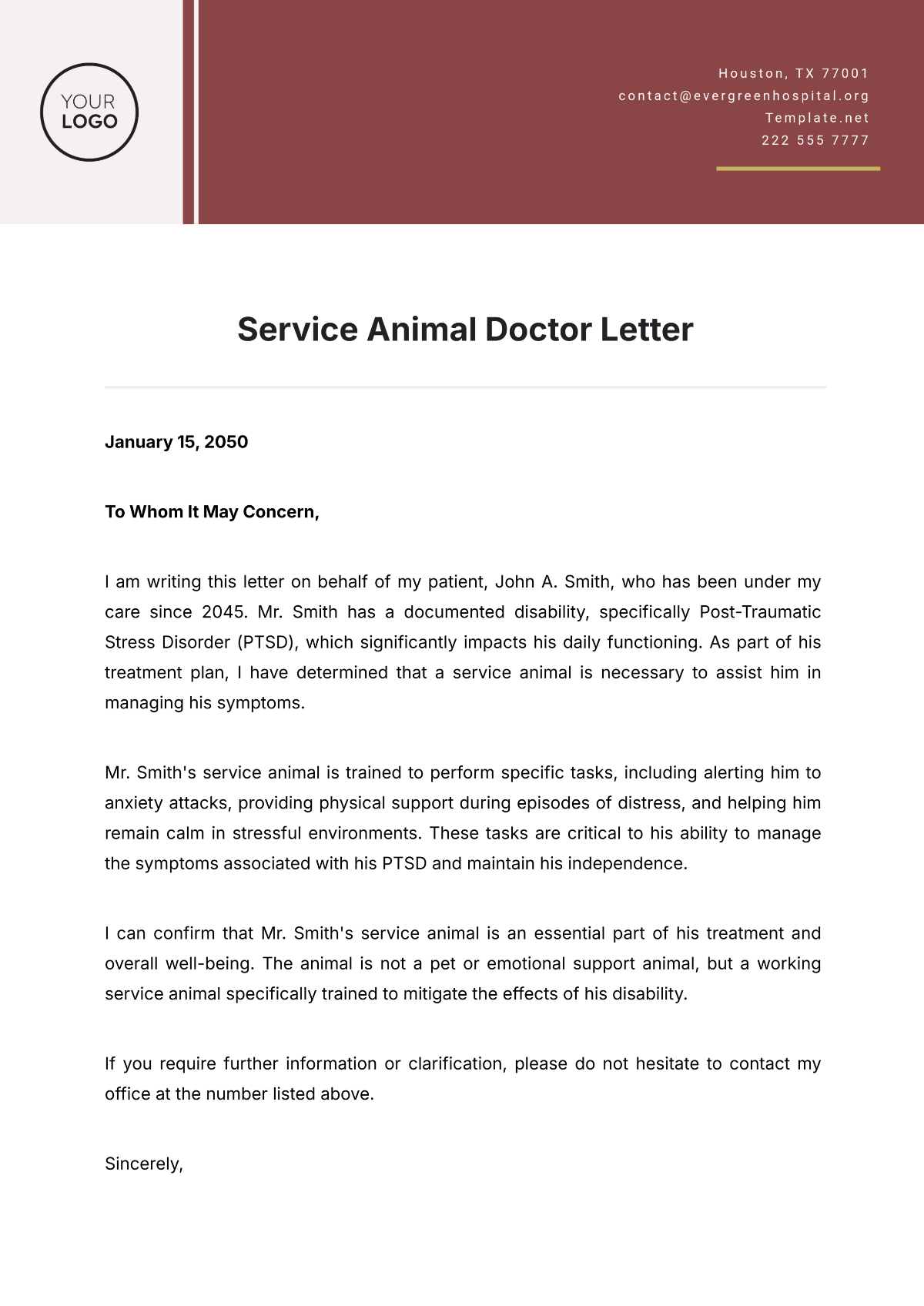 Service Animal Doctor Letter Template