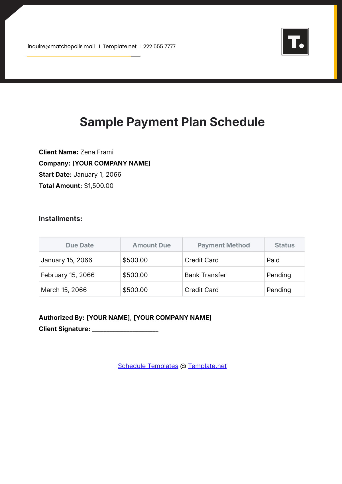 Sample Payment Plan Schedule Template - Edit Online & Download