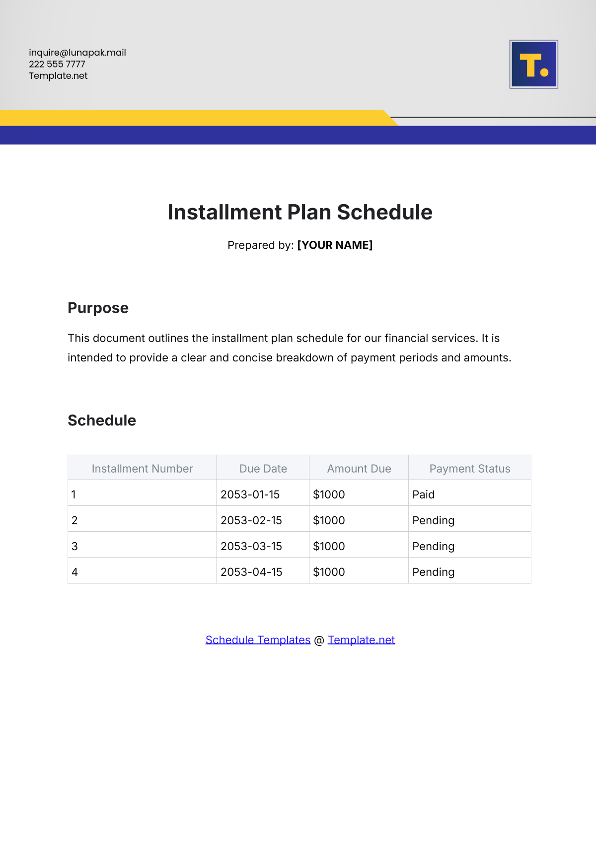 Installment Plan Schedule Template - Edit Online & Download