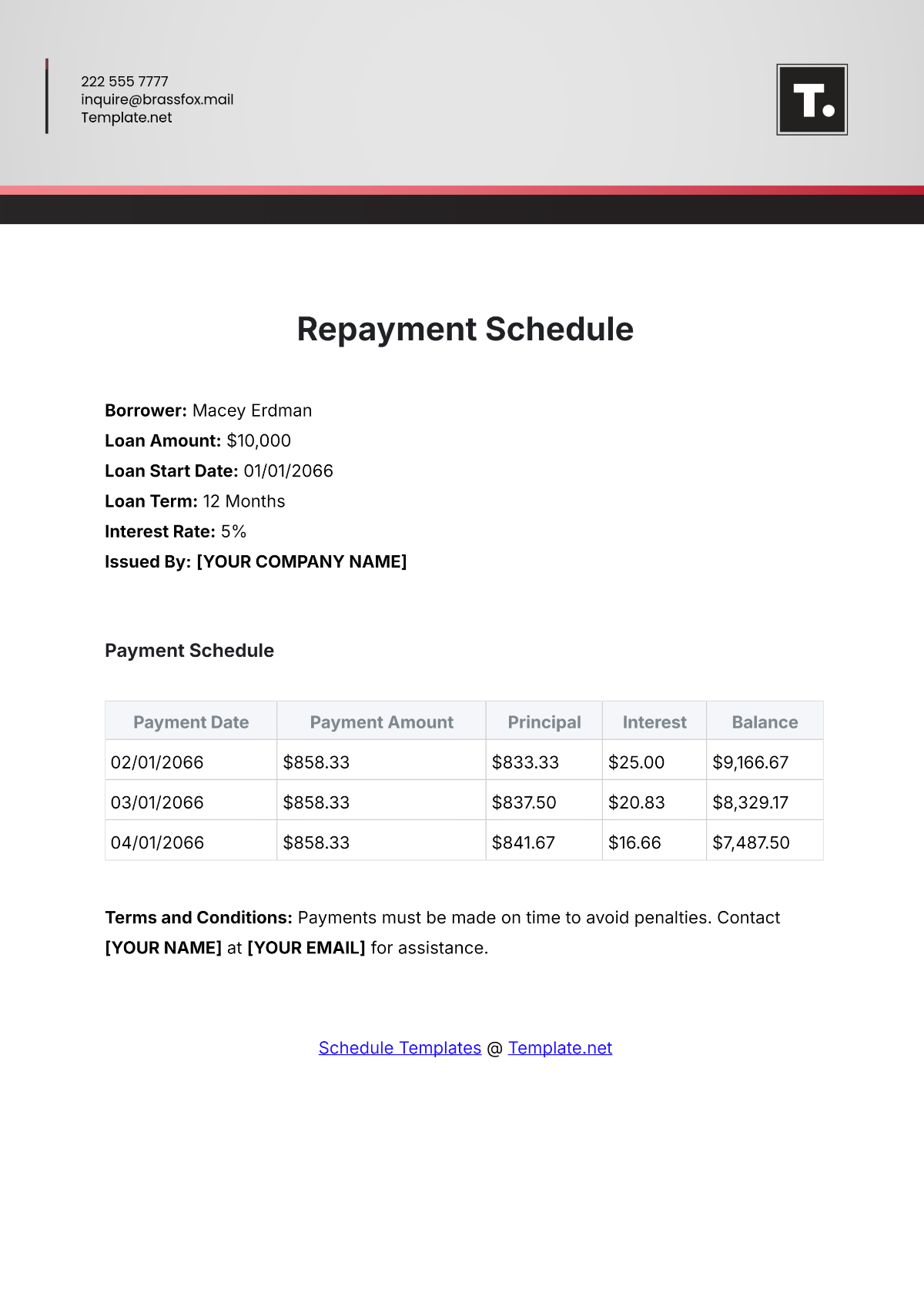 Repayment Schedule Template