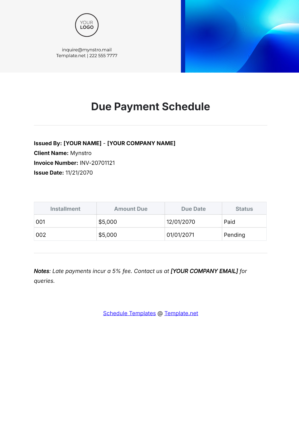 Due Payment Schedule Template - Edit Online & Download