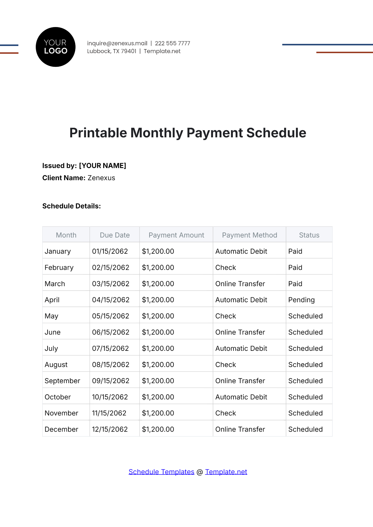 Printable Monthly Payment Schedule Template - Edit Online & Download