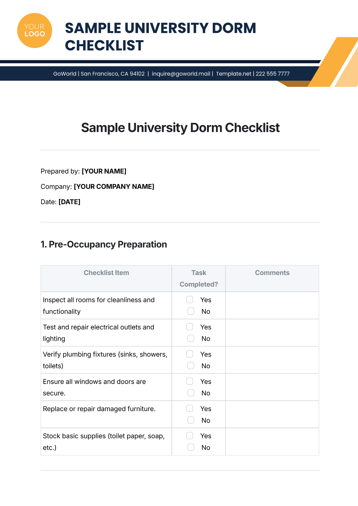 Sample University Dorm Checklist Template - Edit Online & Download