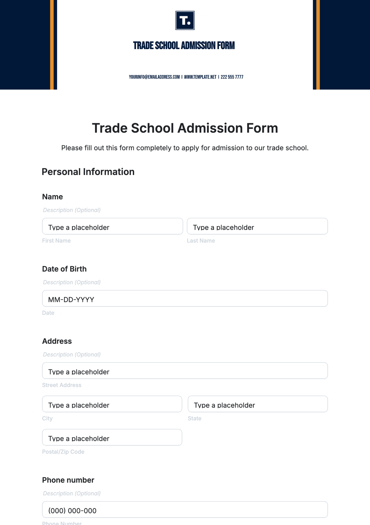 Trade School Admission Form Template - Edit Online & Download