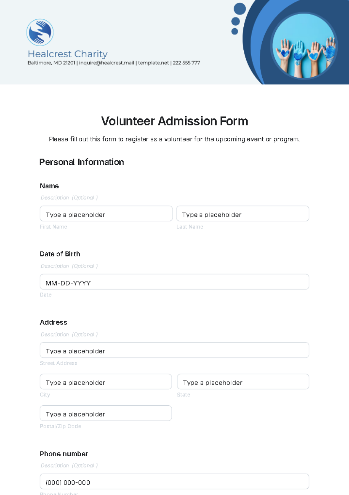 Volunteer Admission Form Template - Edit Online & Download