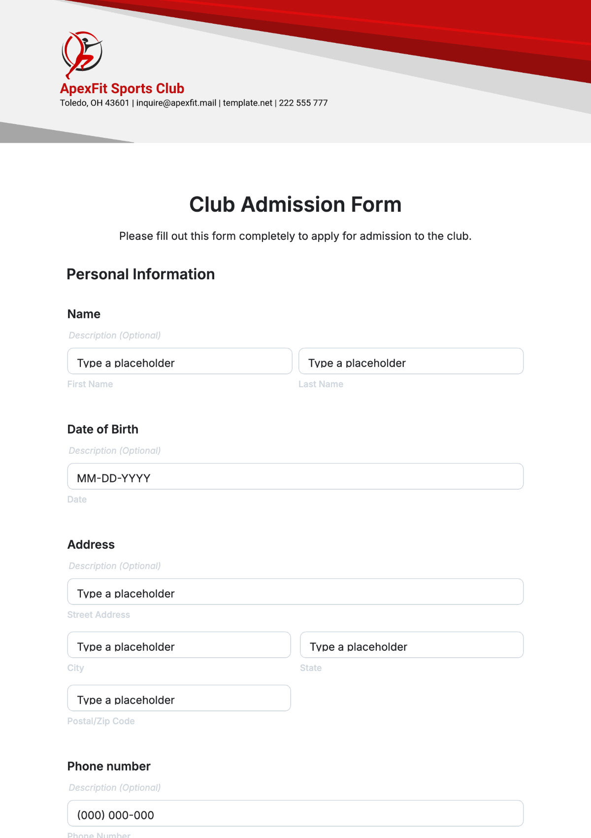 Club Admission Form Template - Edit Online & Download