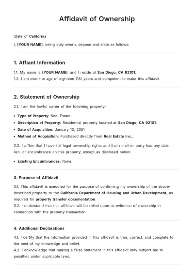 Free Affidavit of Ownership Template to Edit Online
