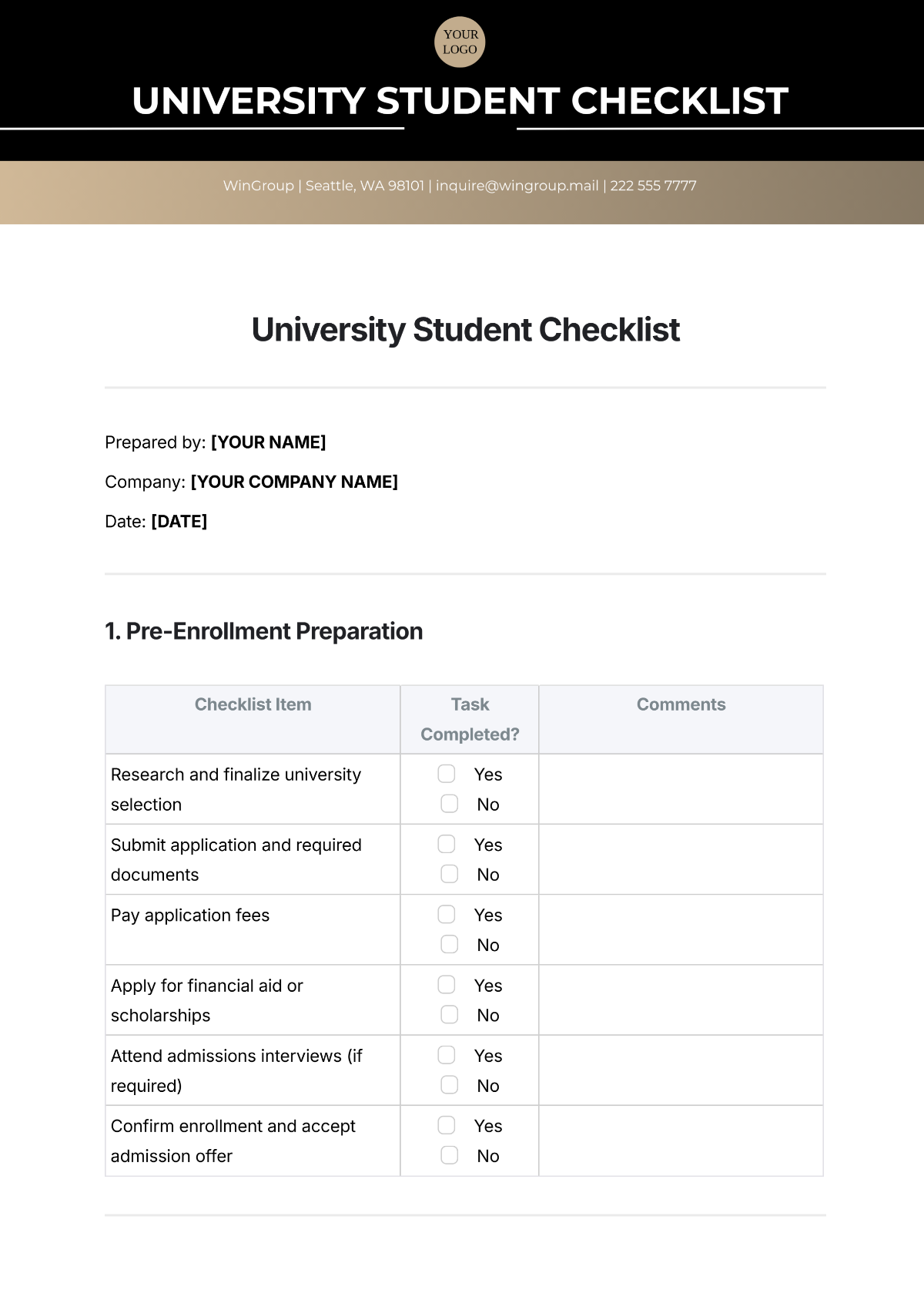 University Student Checklist Template