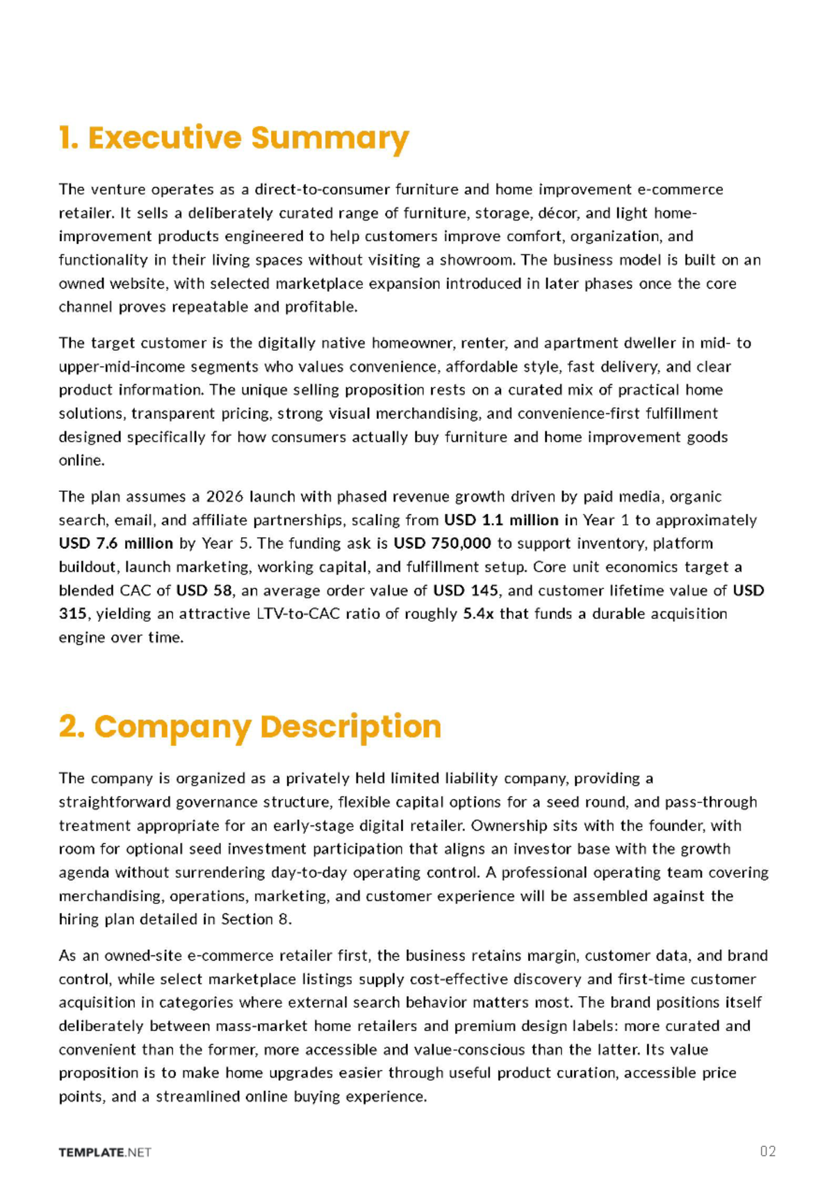 Free E-Commerce Business Plan Template to Edit Online