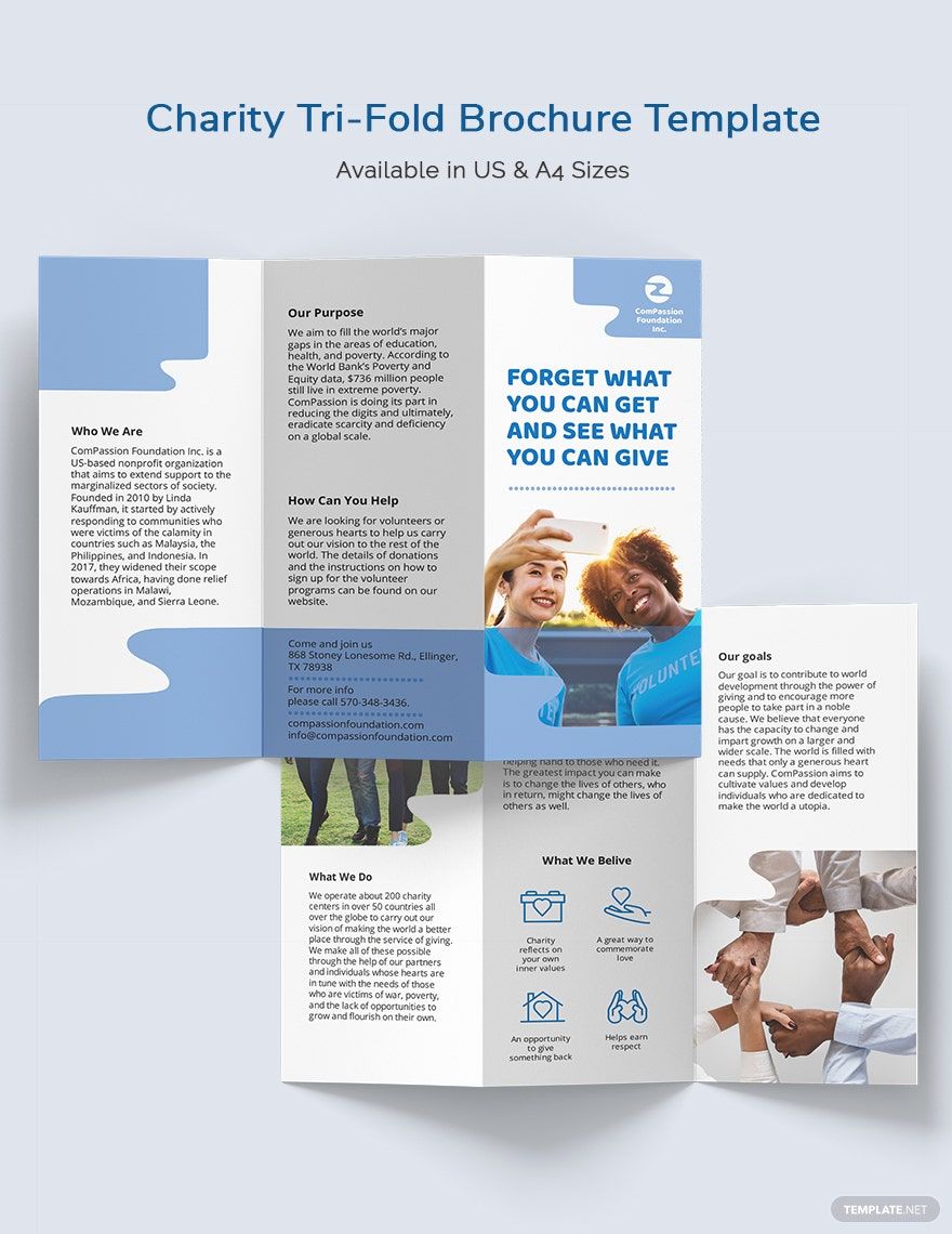 Charity Tri-Fold Brochure Template in Word, Google Docs, Illustrator, PSD, Apple Pages, Publisher, InDesign