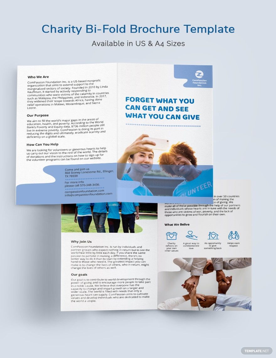 Charity Bi-Fold Brochure Template in Word, Google Docs, Illustrator, PSD, Apple Pages, Publisher, InDesign