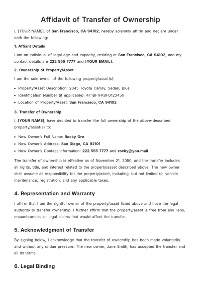 Free Affidavit of Transfer of Ownership Template to Edit Online