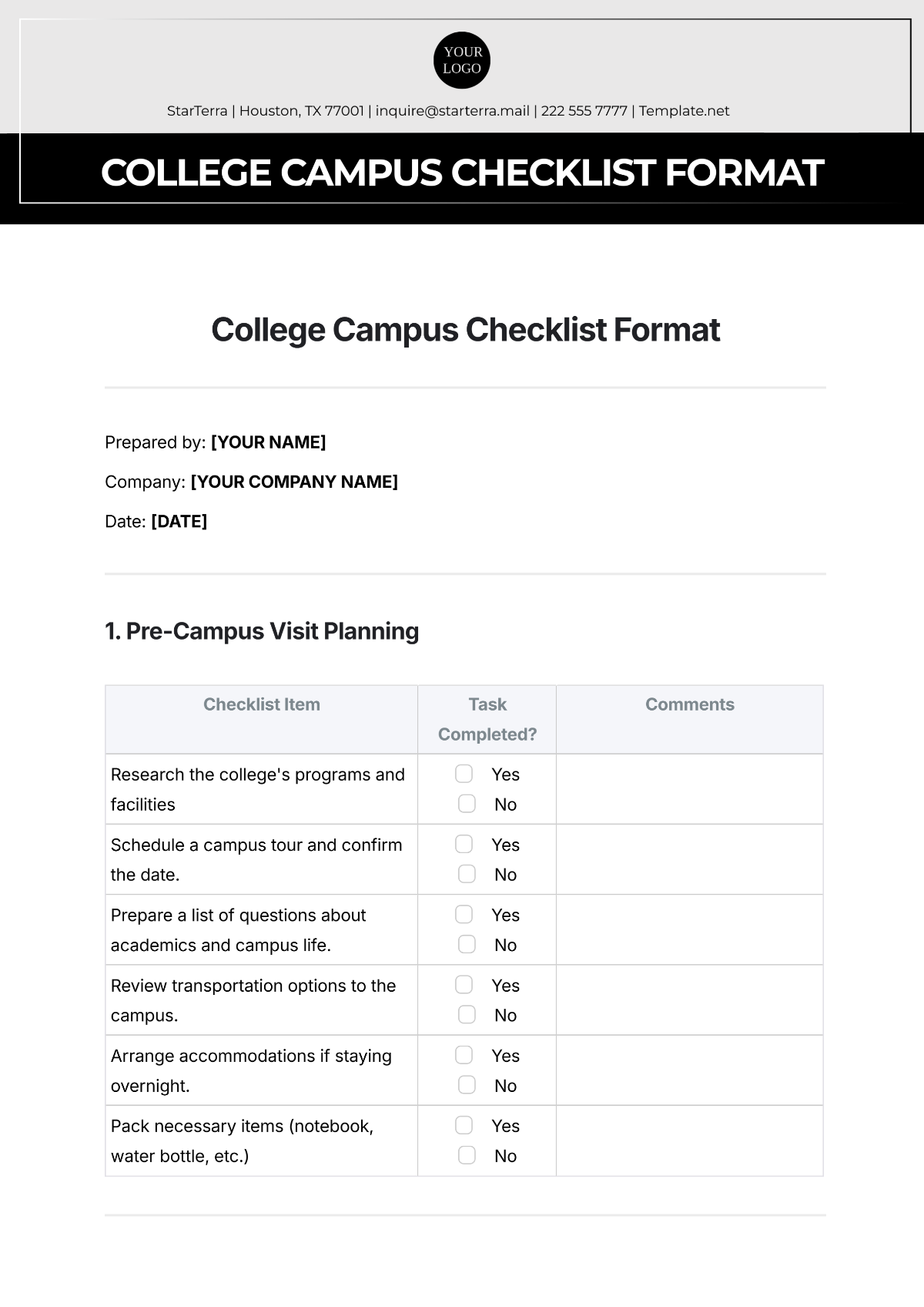 College Campus Checklist Format Template