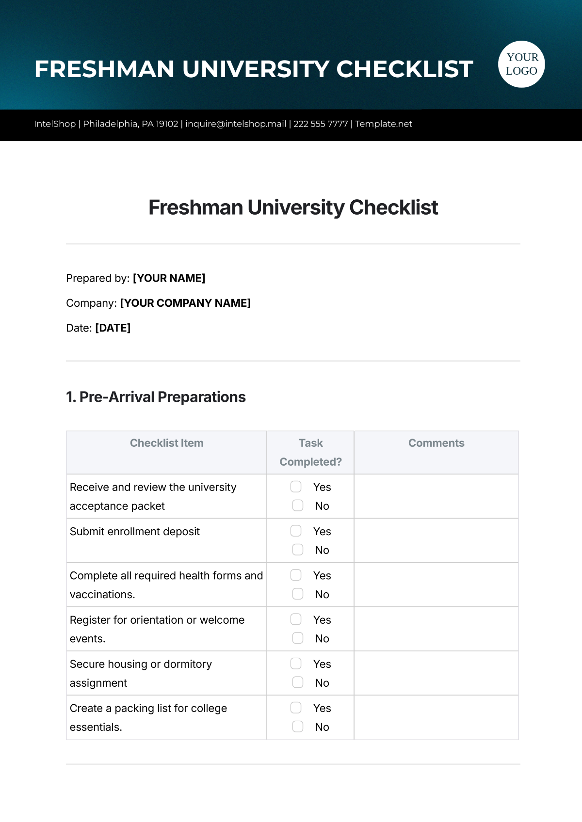 Freshman University Checklist Template